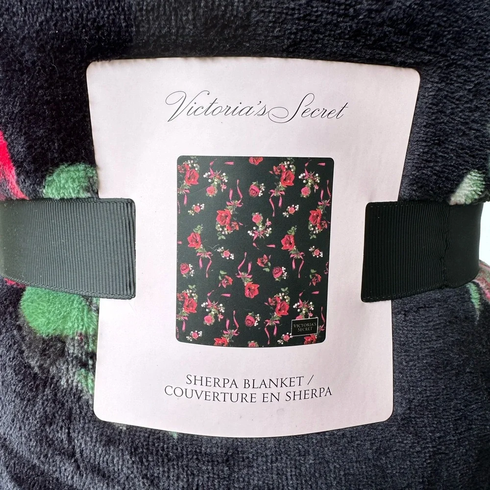 NEW Victoria’s Secret Sherpa Blanket 50”X 60” blk w/ red & pink flowers.